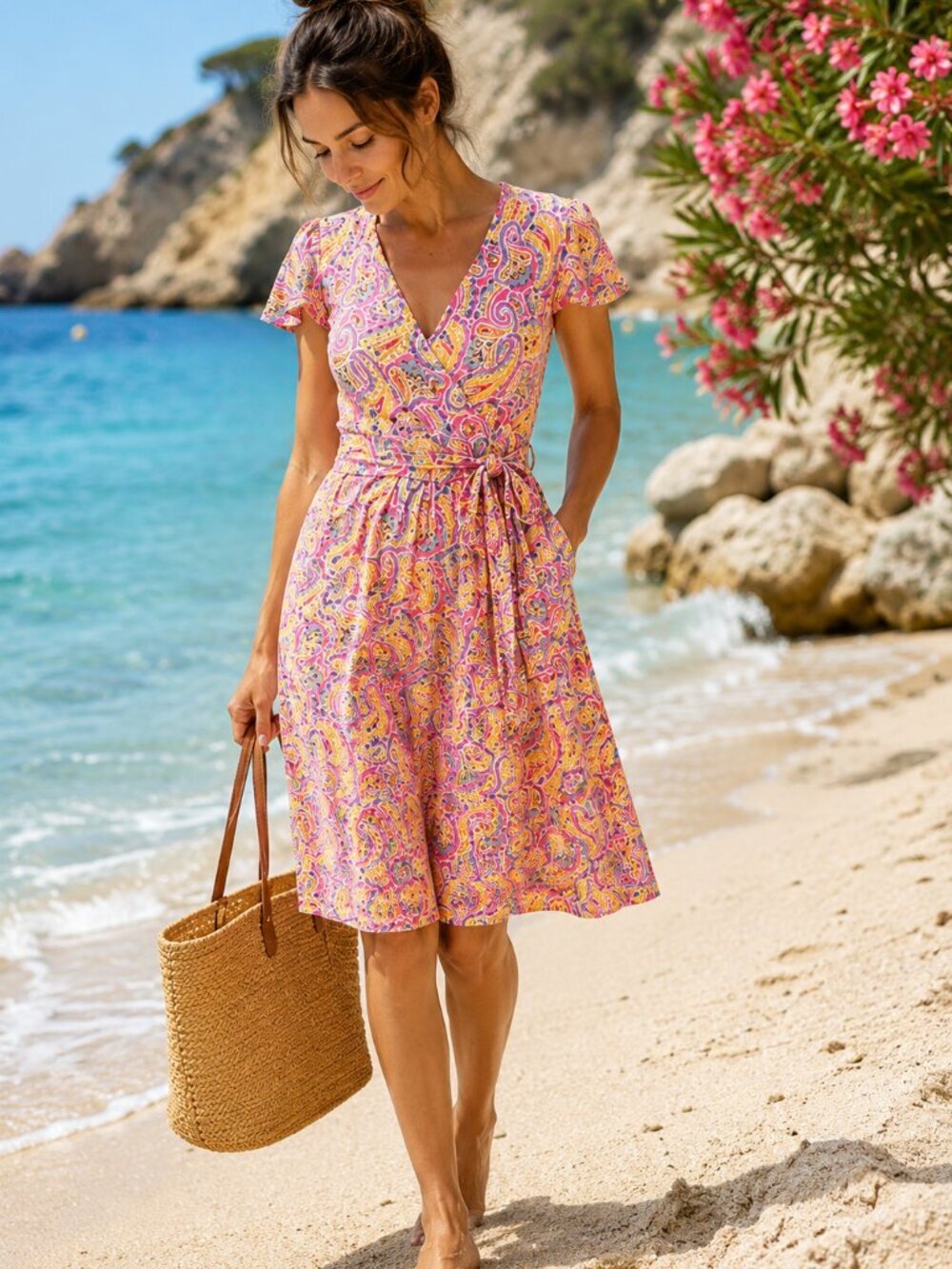 Boden Evangeline Paisley Jersey Faux Wrap Dress Pockets Pink Yellow Midi 12P